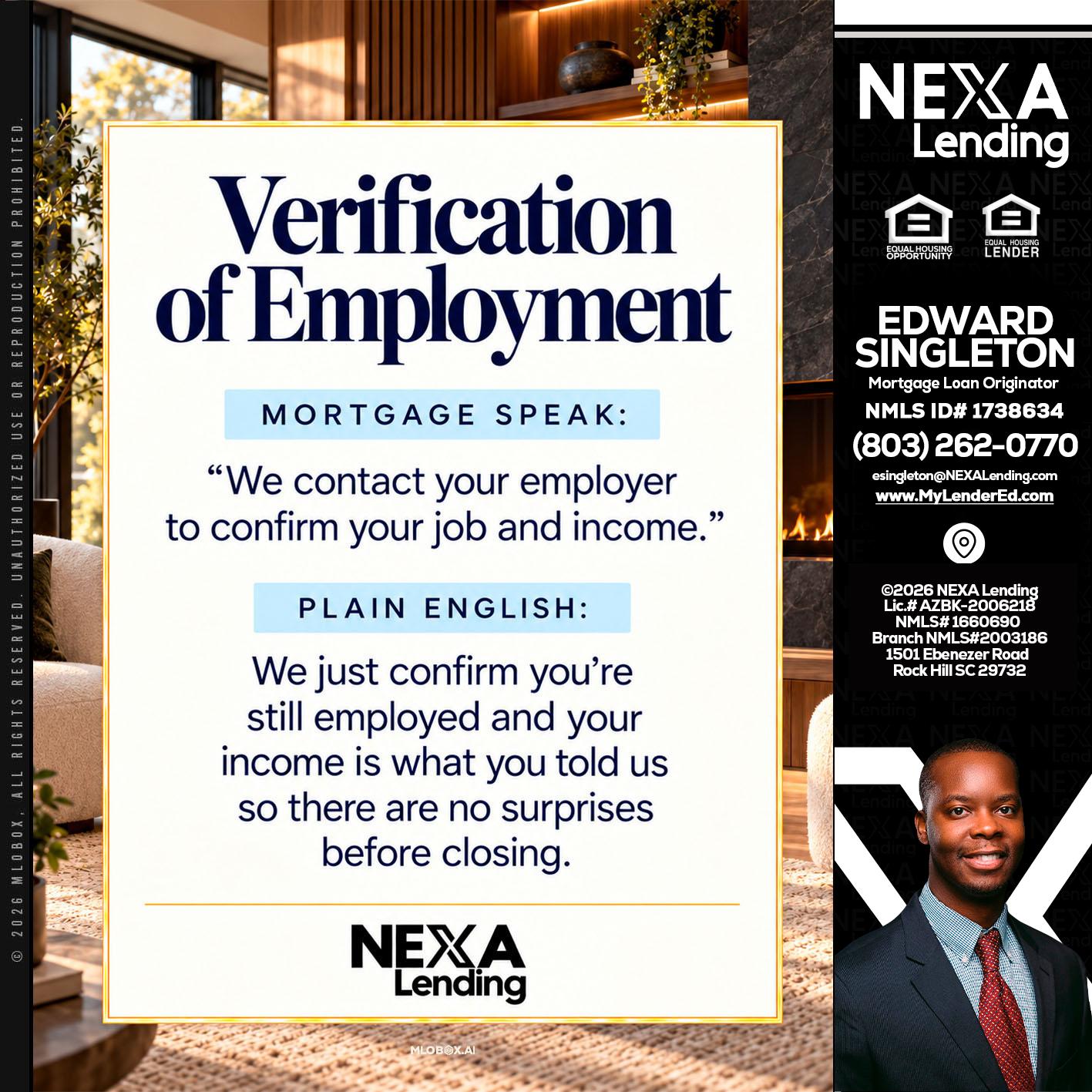 VERIFICATION OF EMPLOYMENT - Edward Singleton -Sr. Mortgage Loan Originator